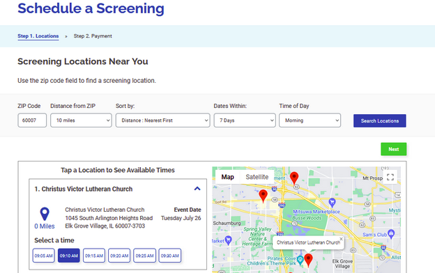 Choose a location and appointment time and click Next