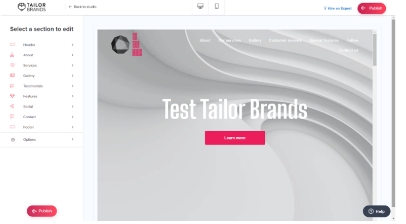 Tailor brands website customizer