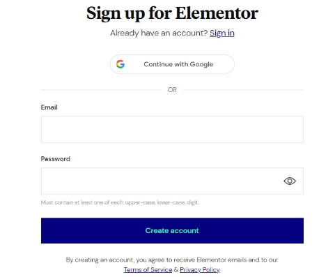 Sign up for Elementor